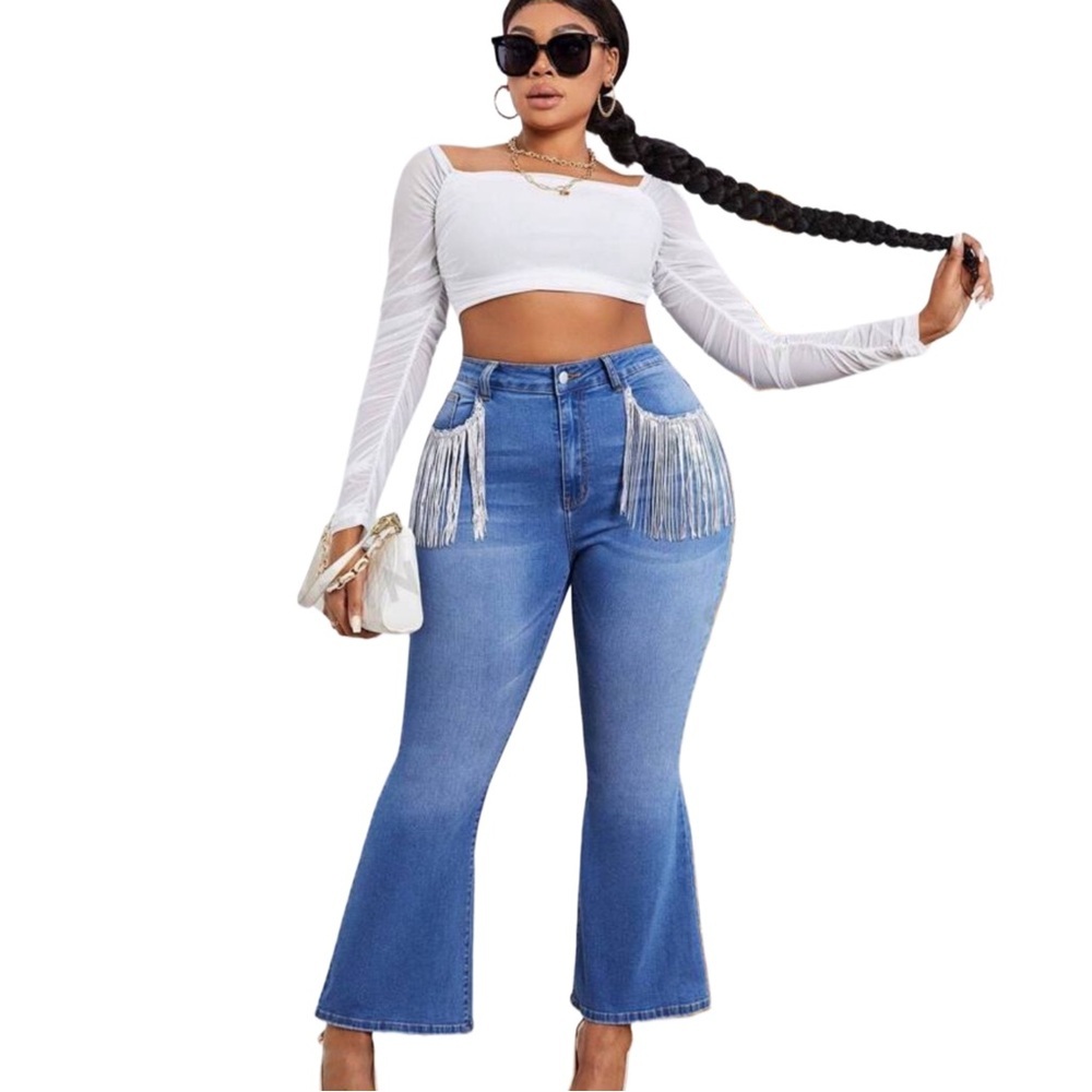 Plus High Waist Fringe Trim Flare Leg Jeans - Picture 4 of 4